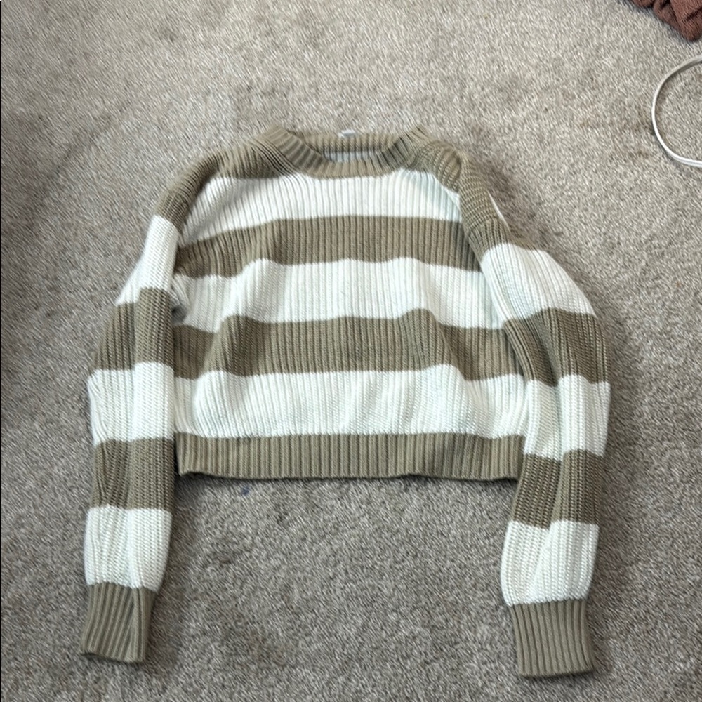 Garage Cream and Tan Crew Neck Striped Sweater